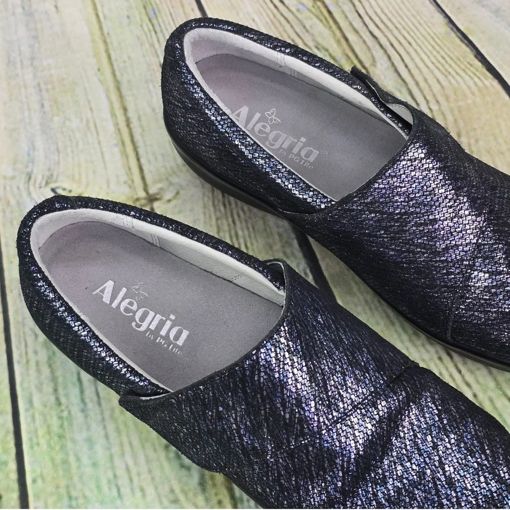 Alegria Laura Loafers Womens 39 Blue Black Metallic Leather Comfort Work Shoes